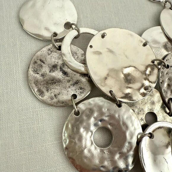 Chicos Hammered Disc Bib Necklace 17 to 20in Silver Tone Statement Chain - Picture 14 of 15